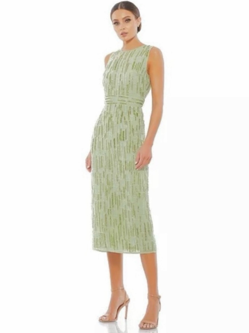 MAC DUGGAL Abstract Beaded Sleeveless Midi Sheath Dress Sage Green Size 12